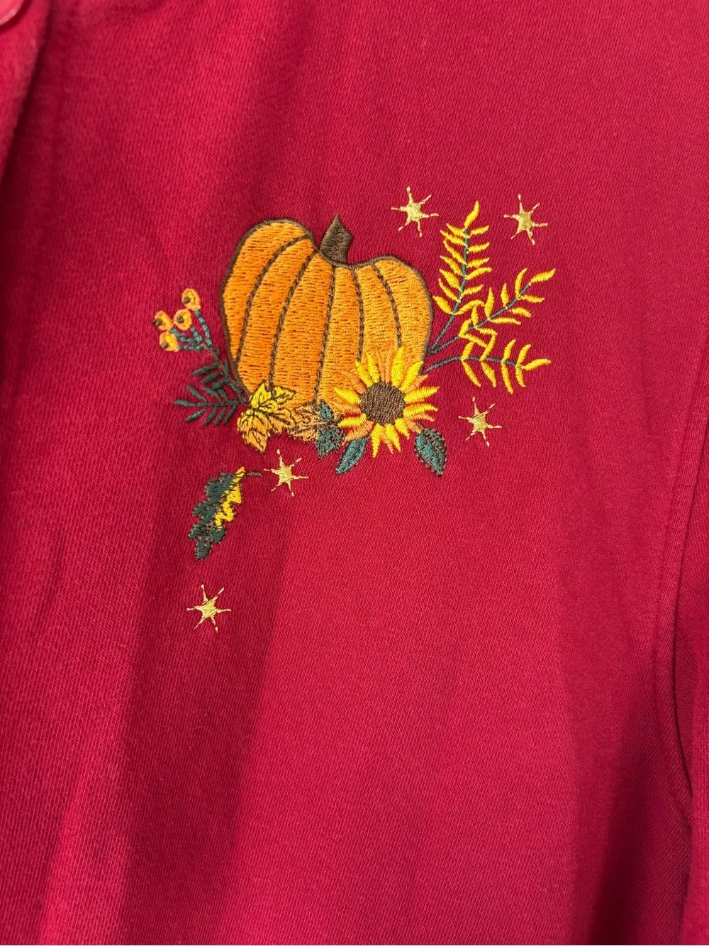 Fall Button-Up Red Cardigan with Pumpkin Embroidery